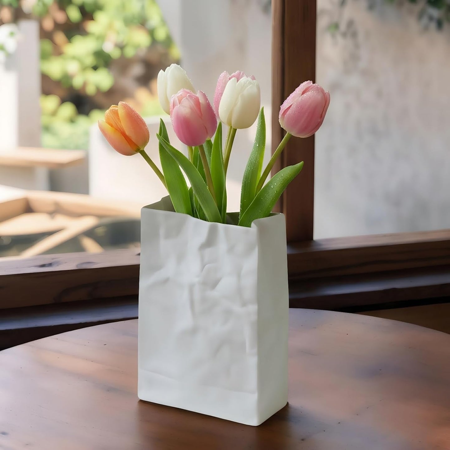 Crinkle Paper Bag Ceramic Vase, 7.5 Inch Unique Flower Vase, White Matte Square Wide Mouth Pleated Planter, Minimalist Boho Pot for Flower Arrangement Table Centerpiece Home Office Decor