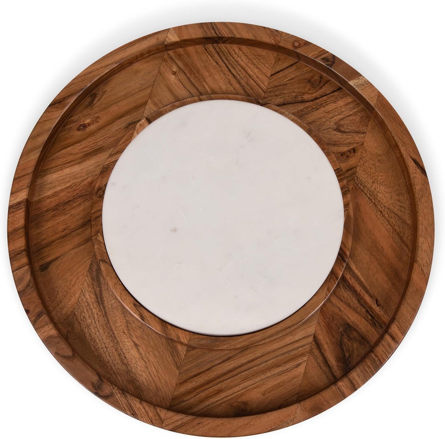 Isla Serving Platter with Marble Cheeseboard Insert, Acacia Wood Charcuterie Board Set, round Serving Chopping Tray, (Acacia Wood with Marble)