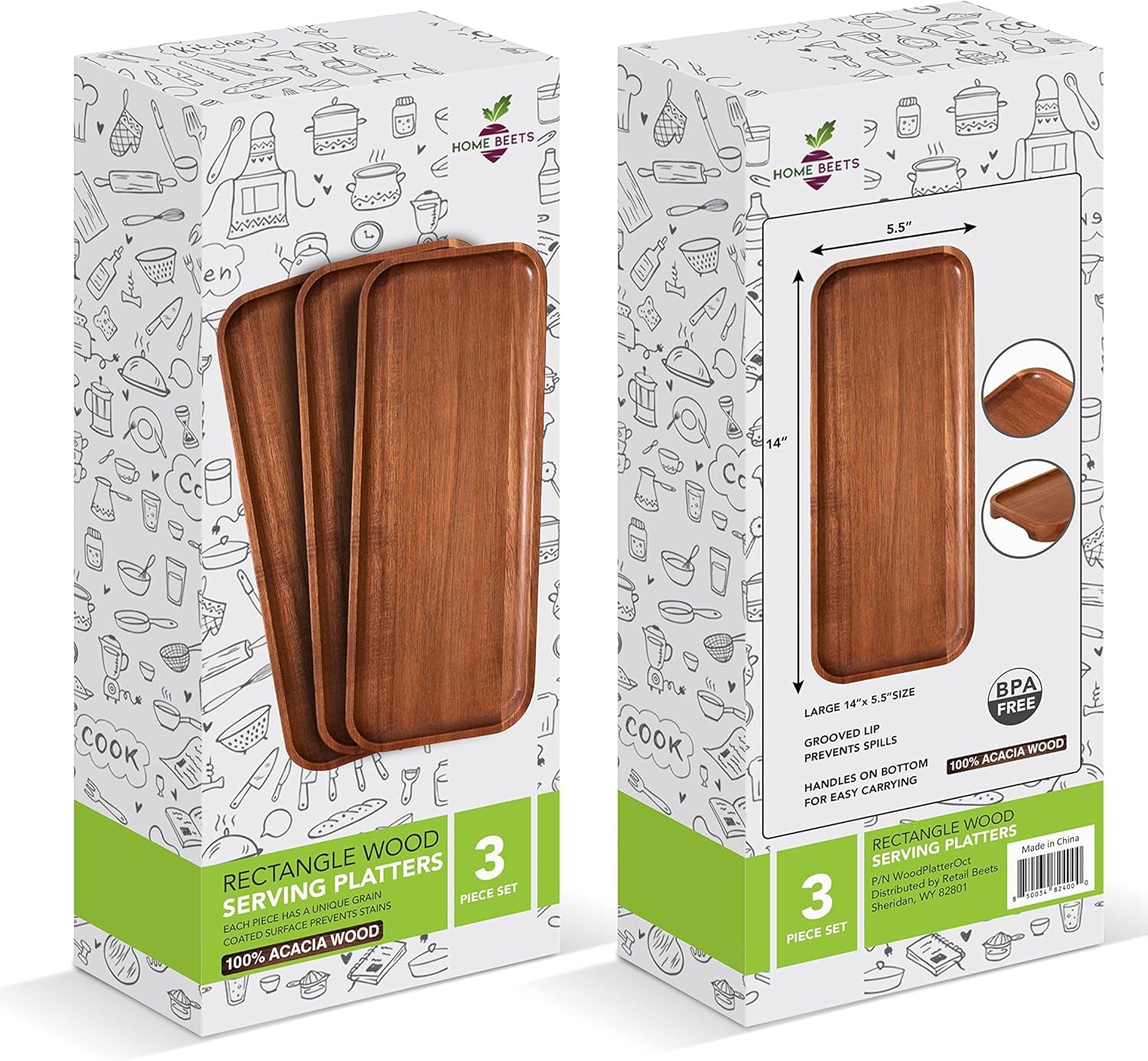 Solid Acacia Wood Serving Trays (14 X 5.5 Inches) Rectangular Wooden Large Serving Platters for Food, Wooden Platter for Charcuterie, Appetizer Serving Tray, Wood Cheese Board (Set of 3 Plates)
