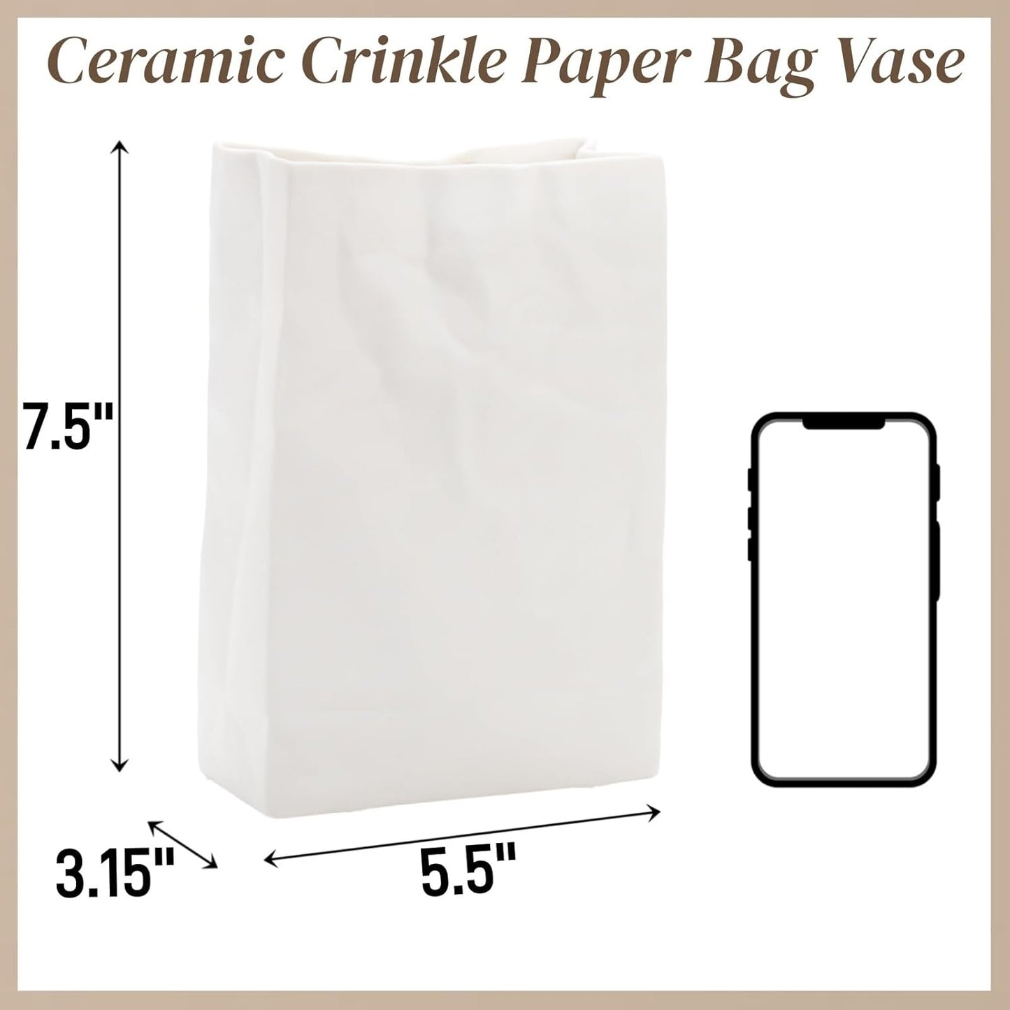 Crinkle Paper Bag Ceramic Vase, 7.5 Inch Unique Flower Vase, White Matte Square Wide Mouth Pleated Planter, Minimalist Boho Pot for Flower Arrangement Table Centerpiece Home Office Decor