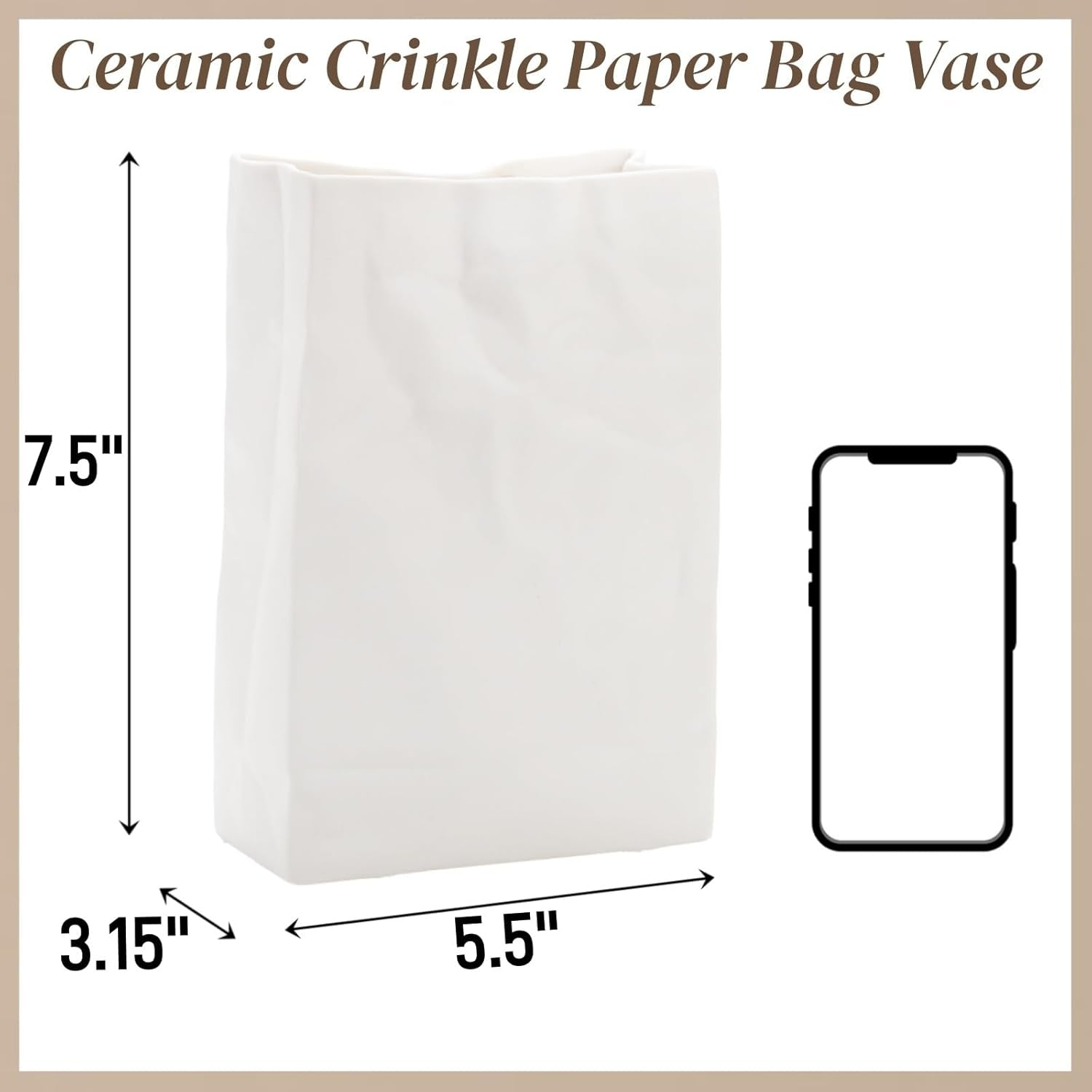 Crinkle Paper Bag Ceramic Vase, 7.5 Inch Unique Flower Vase, White Matte Square Wide Mouth Pleated Planter, Minimalist Boho Pot for Flower Arrangement Table Centerpiece Home Office Decor