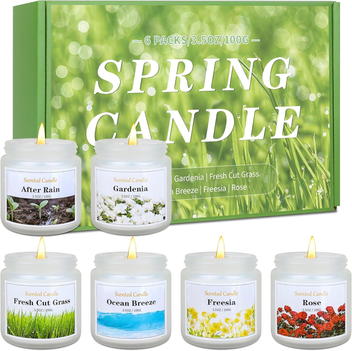 Spring Summer Scented Candles, 6 Pack Soy Wax Candles for Home Scented, 21 Oz Aromatherapy Candle Gift Set for Women & Men, Freesia/Rose/After Rain/Gardenia/Fresh Cut Grass/Ocean Breeze