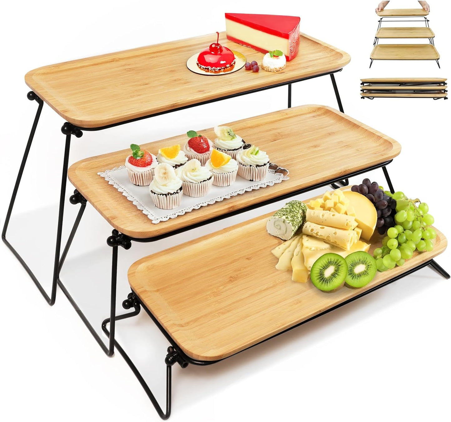 3 Tier Serving Tray for Party Dessert and Appetizer Stand, Wooden Three Tiered Serving Tray Stand & Platter Tower Plate for Food Fruit Cookie Afternoon Tea Hosting, Dessert Table Display Set