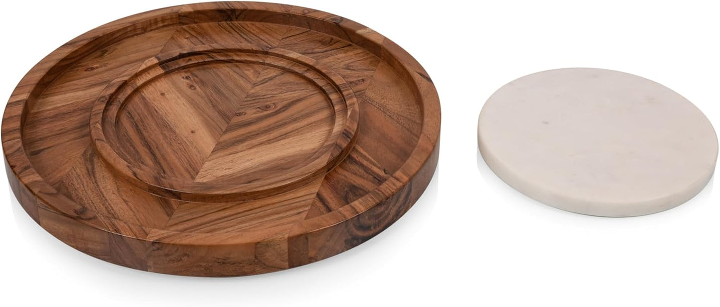 Isla Serving Platter with Marble Cheeseboard Insert, Acacia Wood Charcuterie Board Set, round Serving Chopping Tray, (Acacia Wood with Marble)