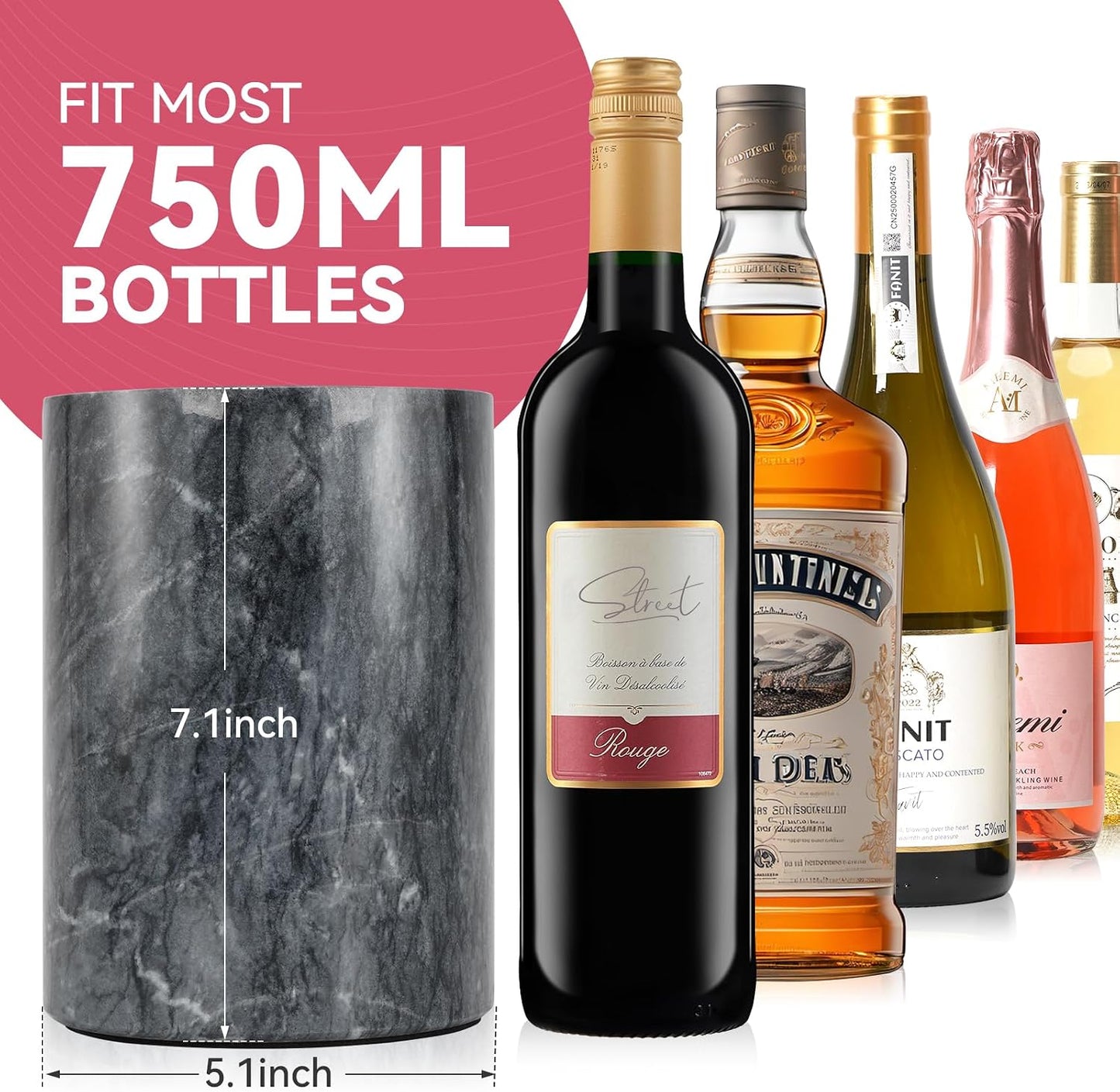 Marble Wine Chiller for Bottle,Wine Chiller Bucket,Wine Cooler Bucket for Any 750Ml Bottle Champagne Chiller for Parties,Wine Bottle Chiller,Wine Bottle Cooler,Wine Gifts for Women Man (Black)