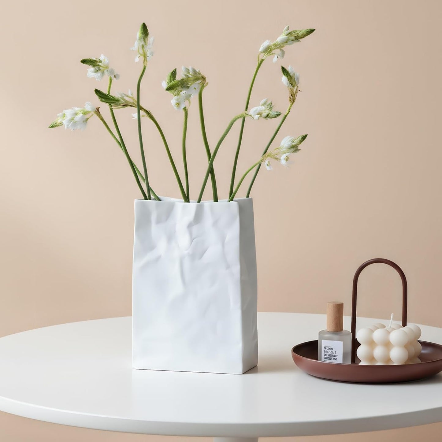 Crinkle Paper Bag Ceramic Vase, 7.5 Inch Unique Flower Vase, White Matte Square Wide Mouth Pleated Planter, Minimalist Boho Pot for Flower Arrangement Table Centerpiece Home Office Decor