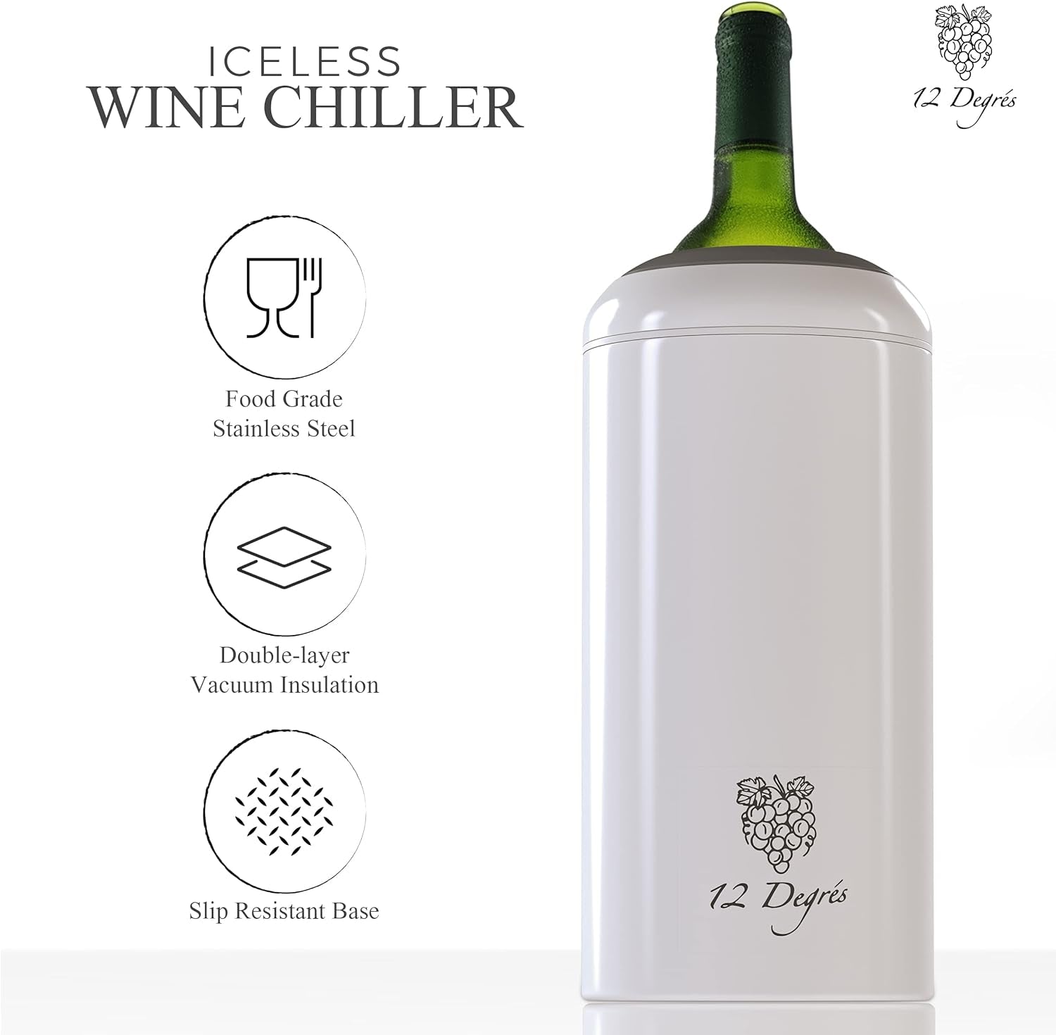 Wine Chiller Set - Perfect Wine Gifts for Women & Men - Stainless Steel Insulated Wine Cooler with Wine Pump, Aerator & 4 Stoppers (White Matte)