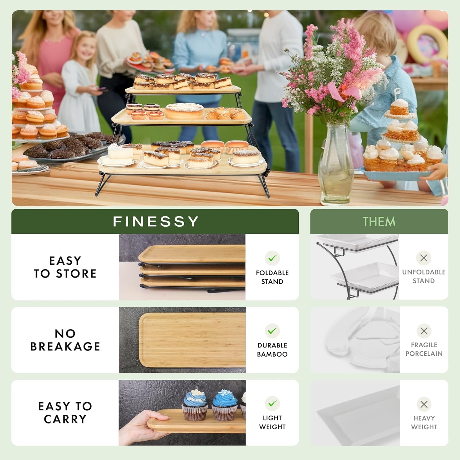 3 Tier Serving Tray for Party Dessert and Appetizer Stand, Wooden Three Tiered Serving Tray Stand & Platter Tower Plate for Food Fruit Cookie Afternoon Tea Hosting, Dessert Table Display Set