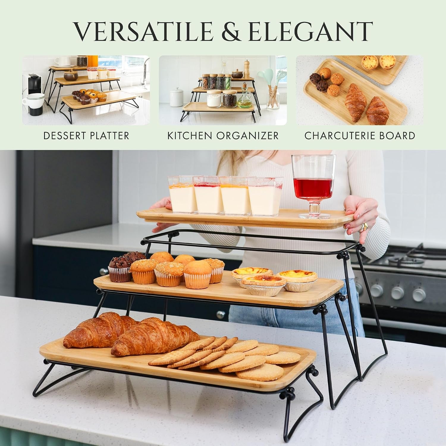 3 Tier Serving Tray for Party Dessert and Appetizer Stand, Wooden Three Tiered Serving Tray Stand & Platter Tower Plate for Food Fruit Cookie Afternoon Tea Hosting, Dessert Table Display Set