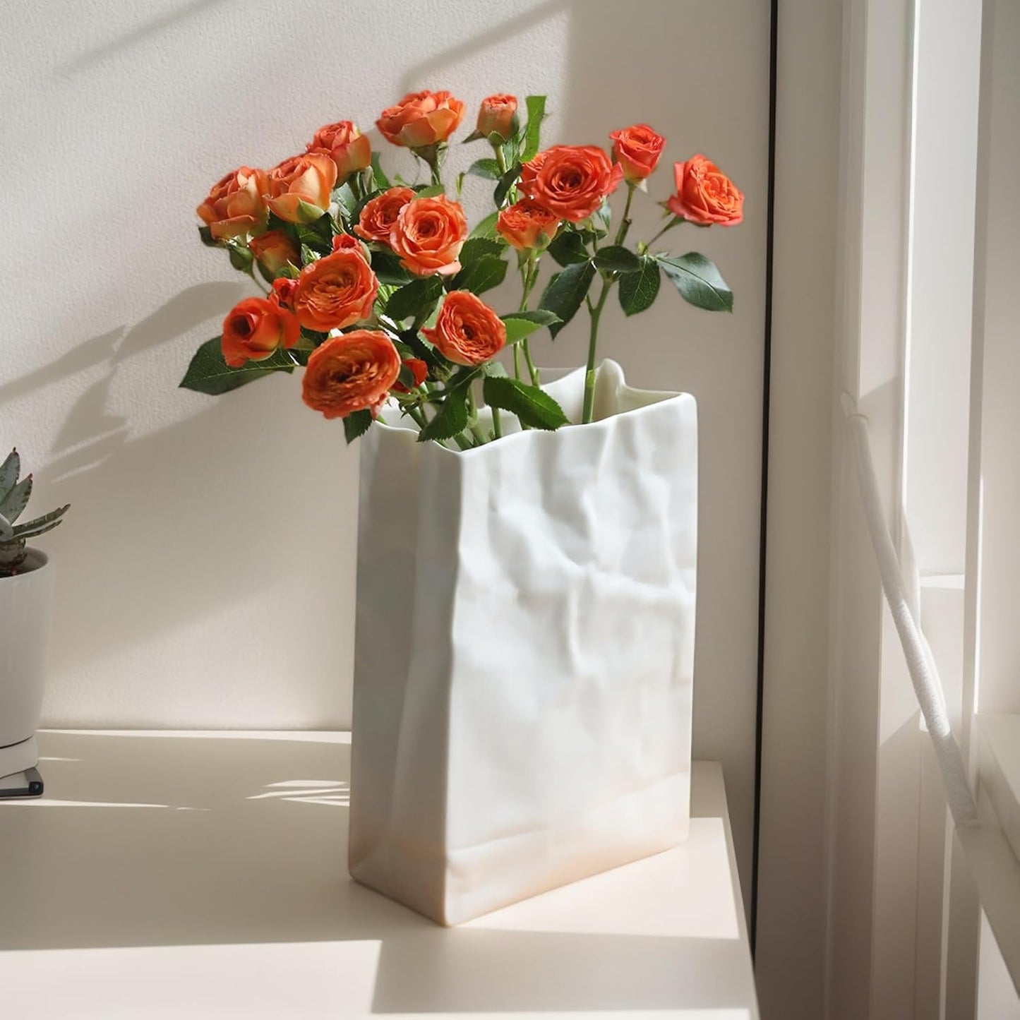 Crinkle Paper Bag Ceramic Vase, 7.5 Inch Unique Flower Vase, White Matte Square Wide Mouth Pleated Planter, Minimalist Boho Pot for Flower Arrangement Table Centerpiece Home Office Decor