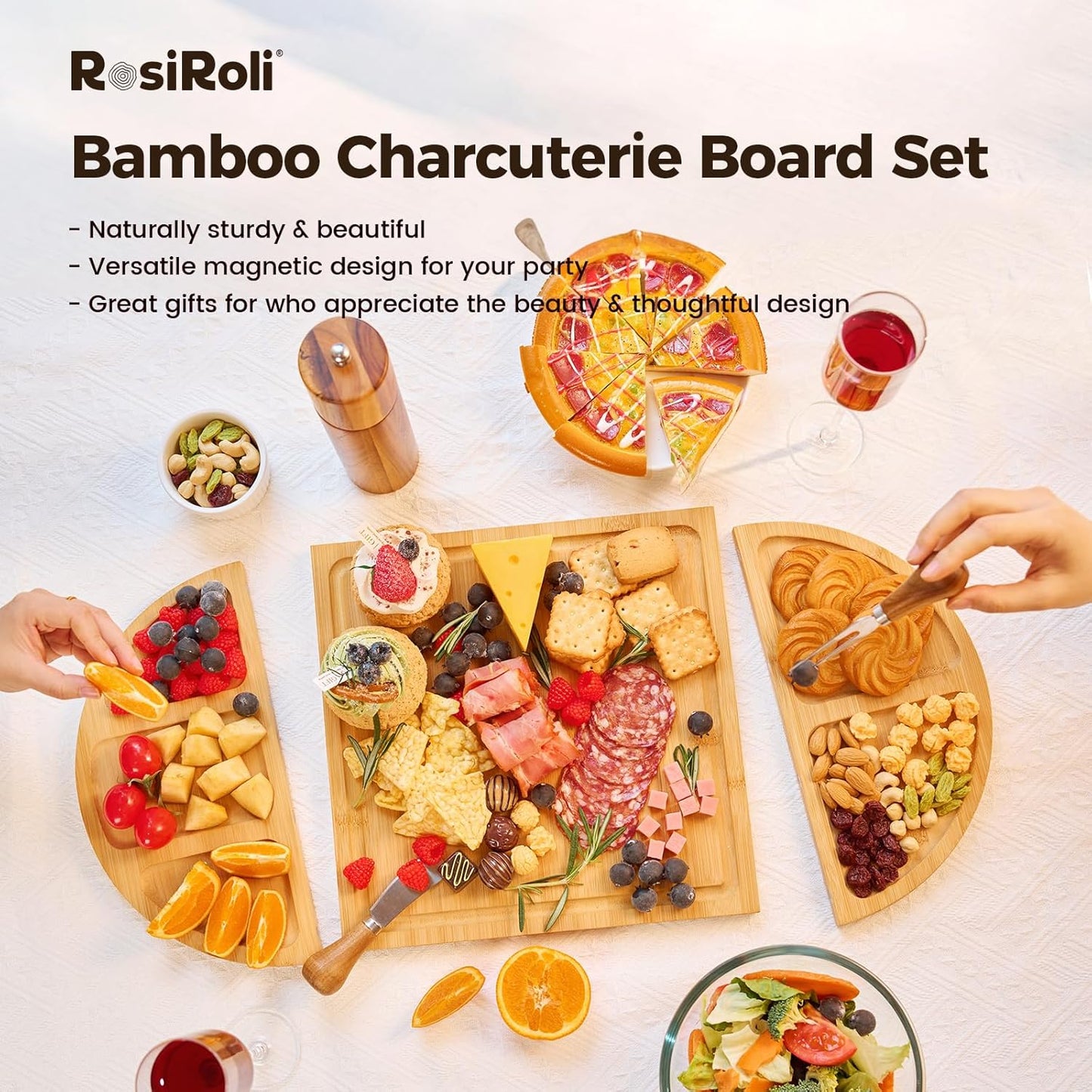 Charcuterie Board and Serving Set -Natural Bamboo Cheese Board Snack Tray Set with Magnetic - House Warming Gifts New Home, Wedding Gift, Bridal Shower Gift, Gifts for Mom & Women