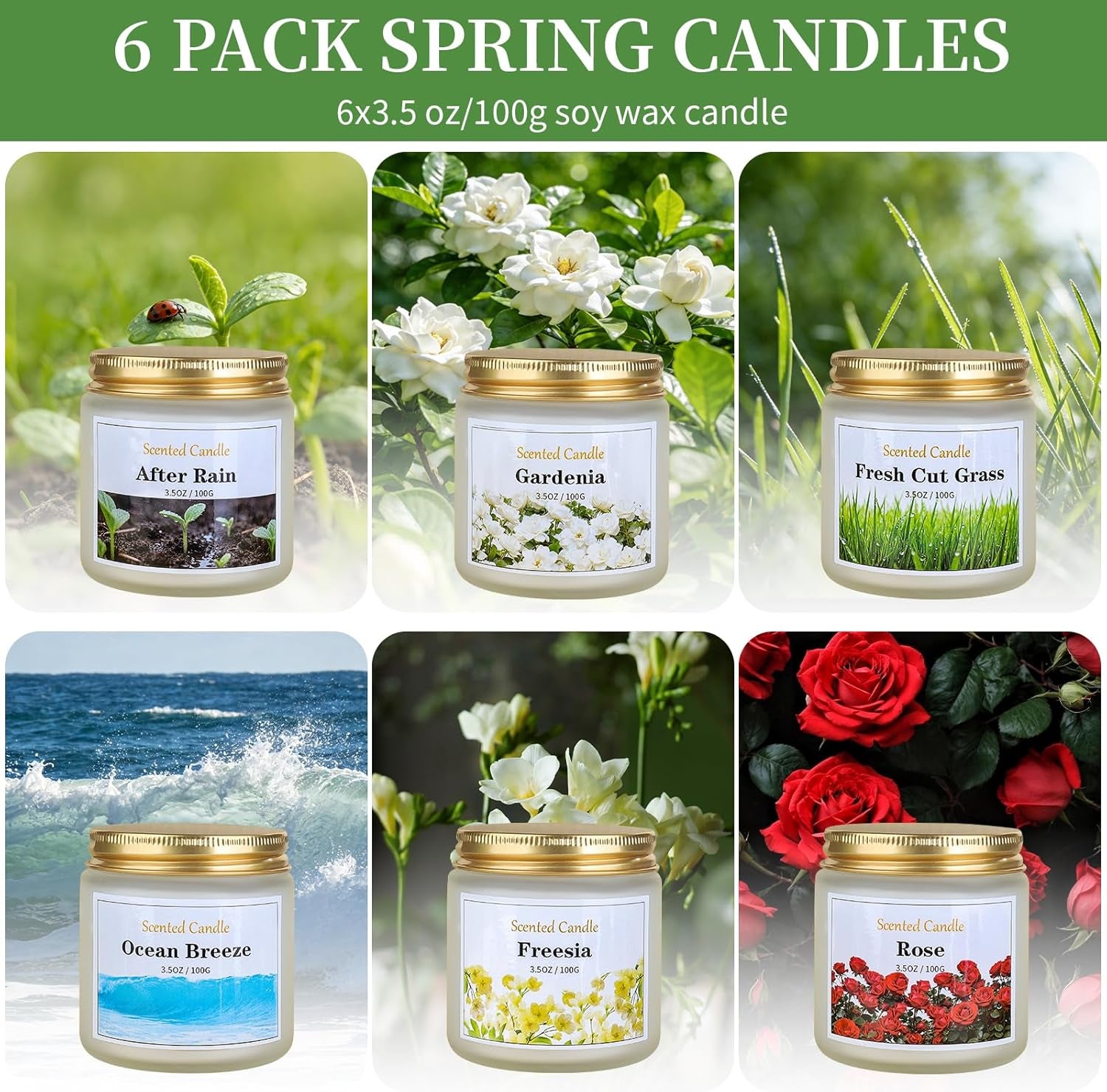 Spring Summer Scented Candles, 6 Pack Soy Wax Candles for Home Scented, 21 Oz Aromatherapy Candle Gift Set for Women & Men, Freesia/Rose/After Rain/Gardenia/Fresh Cut Grass/Ocean Breeze
