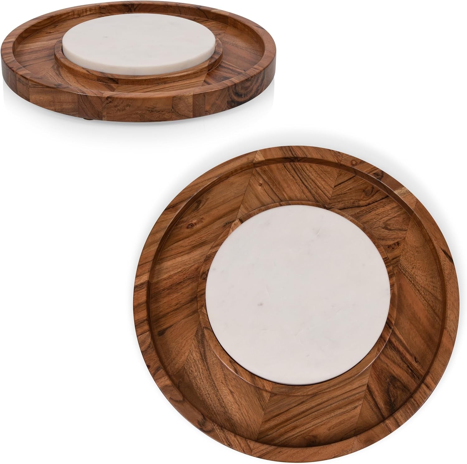 Isla Serving Platter with Marble Cheeseboard Insert, Acacia Wood Charcuterie Board Set, round Serving Chopping Tray, (Acacia Wood with Marble)