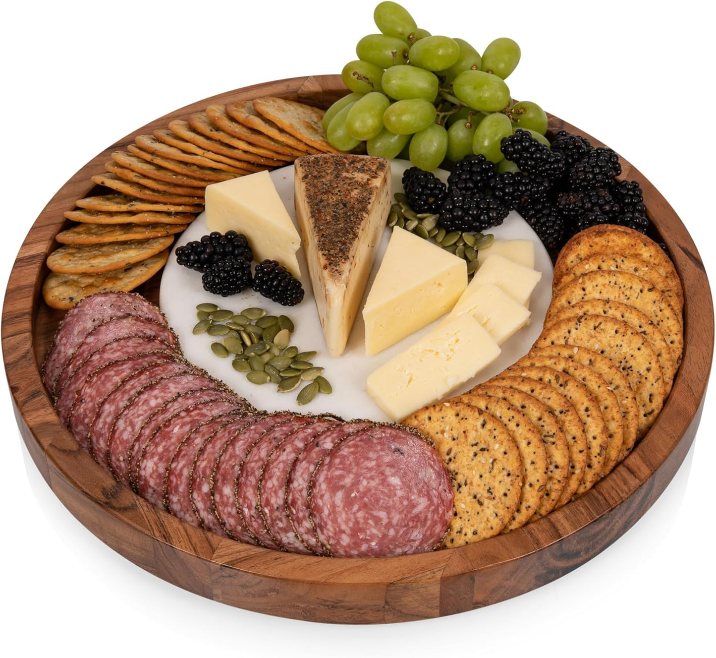 Isla Serving Platter with Marble Cheeseboard Insert, Acacia Wood Charcuterie Board Set, round Serving Chopping Tray, (Acacia Wood with Marble)