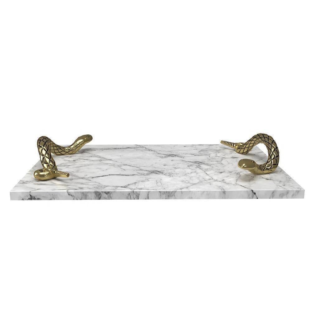 Mamba White Marble Luxury Entertaining Cheese Board with Brass Snake Handles