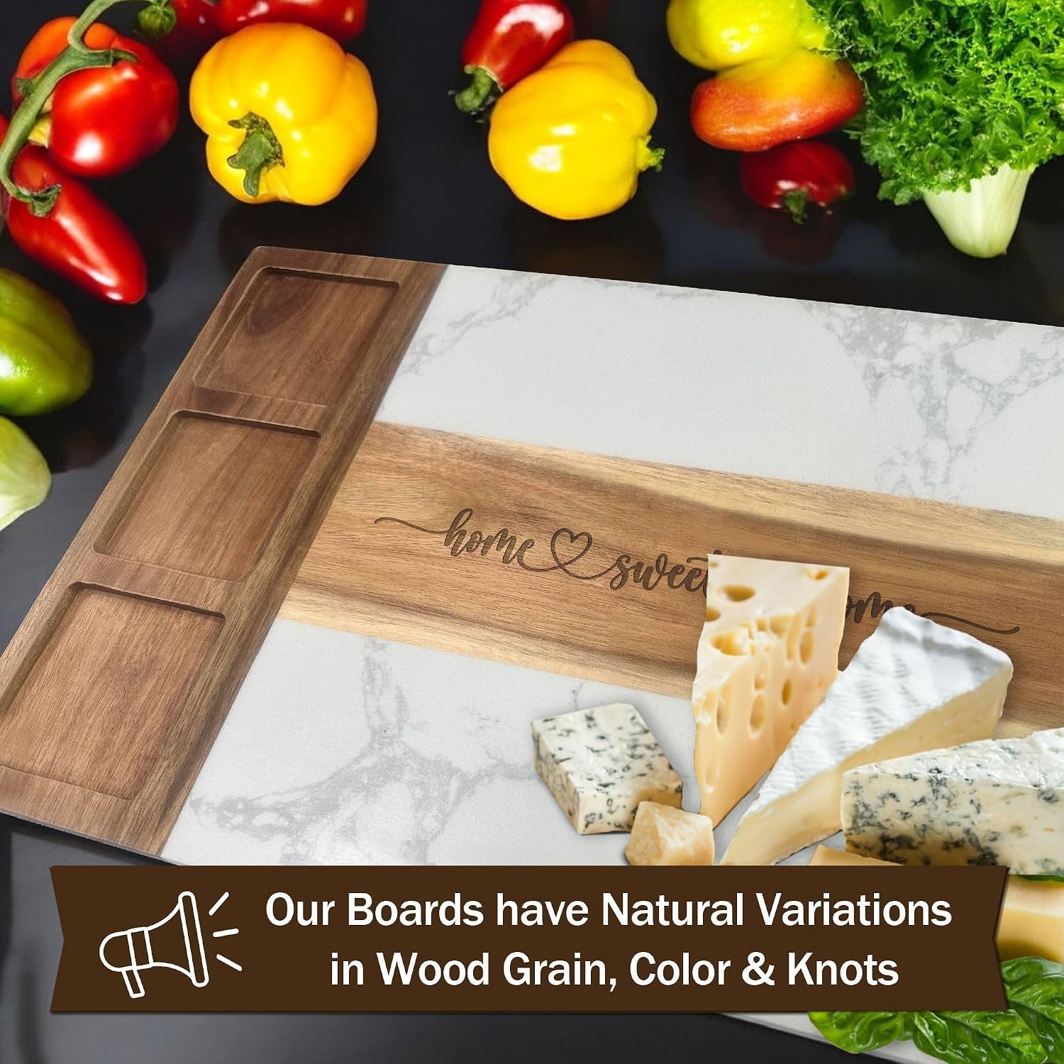 EMM Marble Cutting Board Set, Charcuterie Cheese Boards, 3 Bowls, 3 Spoons, 4 Charcuterie Utensils, Meat, Fruits, Vegetables, Housewarming, Wedding - Home Sweet Home