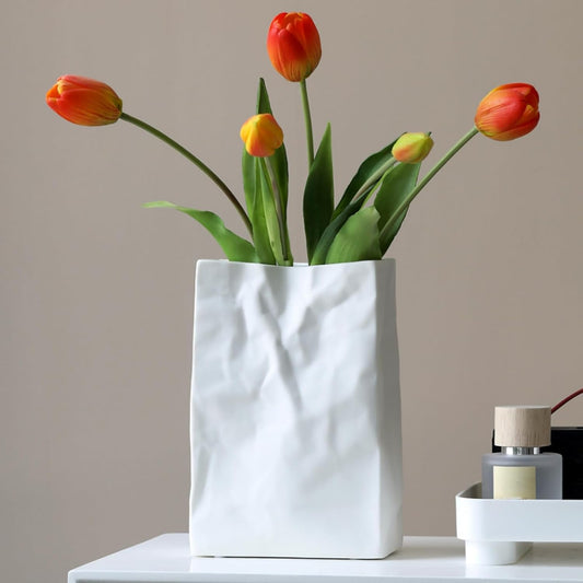 Crinkle Paper Bag Ceramic Vase, 7.5 Inch Unique Flower Vase, White Matte Square Wide Mouth Pleated Planter, Minimalist Boho Pot for Flower Arrangement Table Centerpiece Home Office Decor