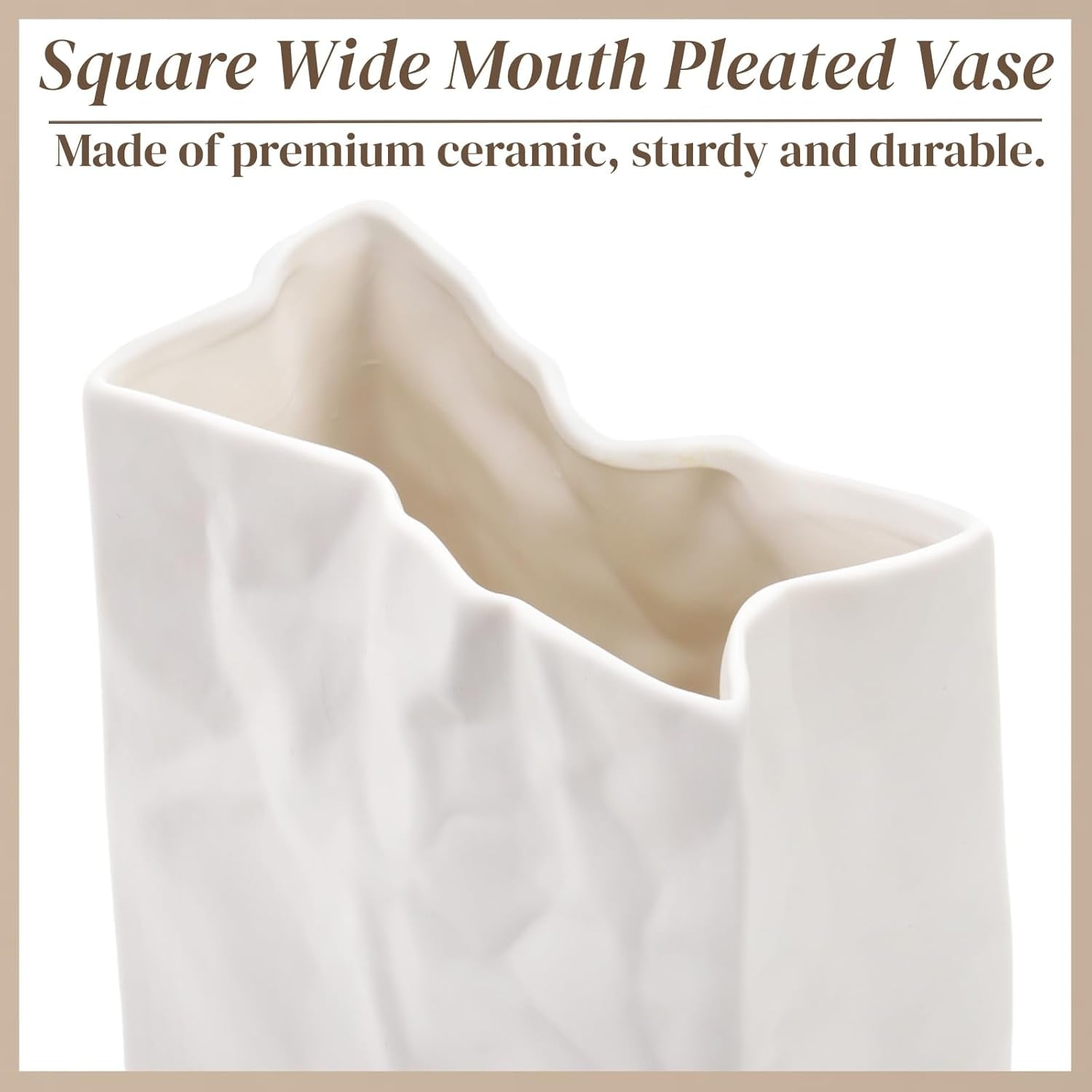 Crinkle Paper Bag Ceramic Vase, 7.5 Inch Unique Flower Vase, White Matte Square Wide Mouth Pleated Planter, Minimalist Boho Pot for Flower Arrangement Table Centerpiece Home Office Decor