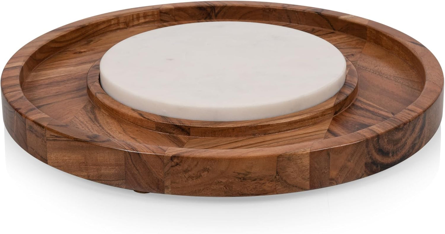 Isla Serving Platter with Marble Cheeseboard Insert, Acacia Wood Charcuterie Board Set, round Serving Chopping Tray, (Acacia Wood with Marble)