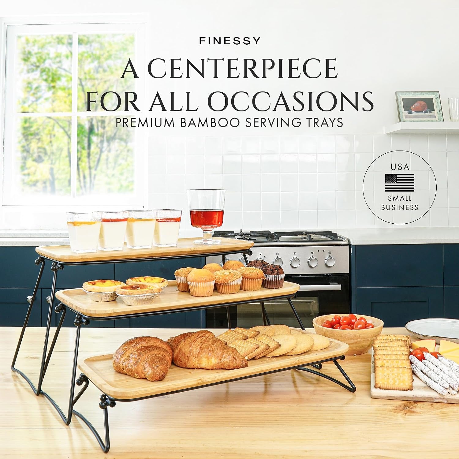 3 Tier Serving Tray for Party Dessert and Appetizer Stand, Wooden Three Tiered Serving Tray Stand & Platter Tower Plate for Food Fruit Cookie Afternoon Tea Hosting, Dessert Table Display Set
