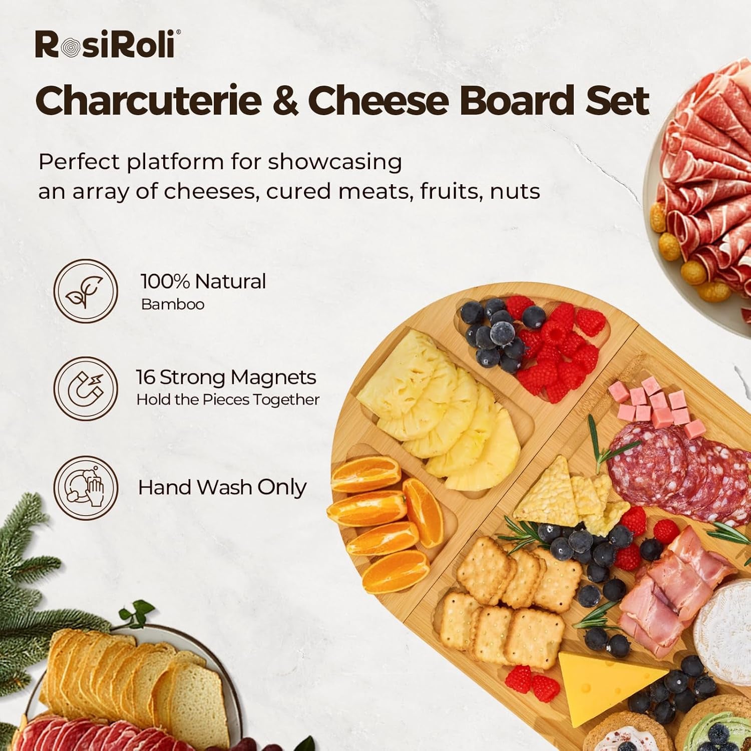 Charcuterie Board and Serving Set -Natural Bamboo Cheese Board Snack Tray Set with Magnetic - House Warming Gifts New Home, Wedding Gift, Bridal Shower Gift, Gifts for Mom & Women