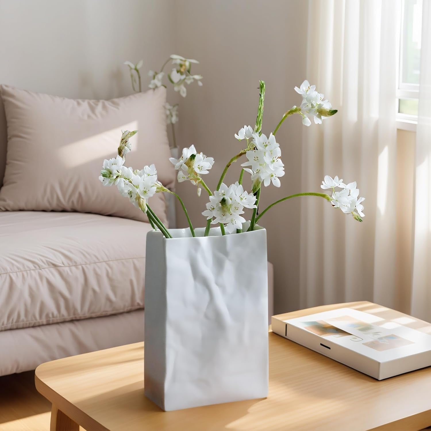 Crinkle Paper Bag Ceramic Vase, 7.5 Inch Unique Flower Vase, White Matte Square Wide Mouth Pleated Planter, Minimalist Boho Pot for Flower Arrangement Table Centerpiece Home Office Decor