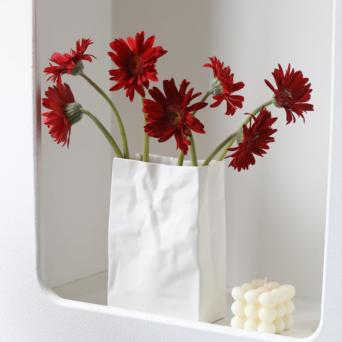 Crinkle Paper Bag Ceramic Vase, 7.5 Inch Unique Flower Vase, White Matte Square Wide Mouth Pleated Planter, Minimalist Boho Pot for Flower Arrangement Table Centerpiece Home Office Decor