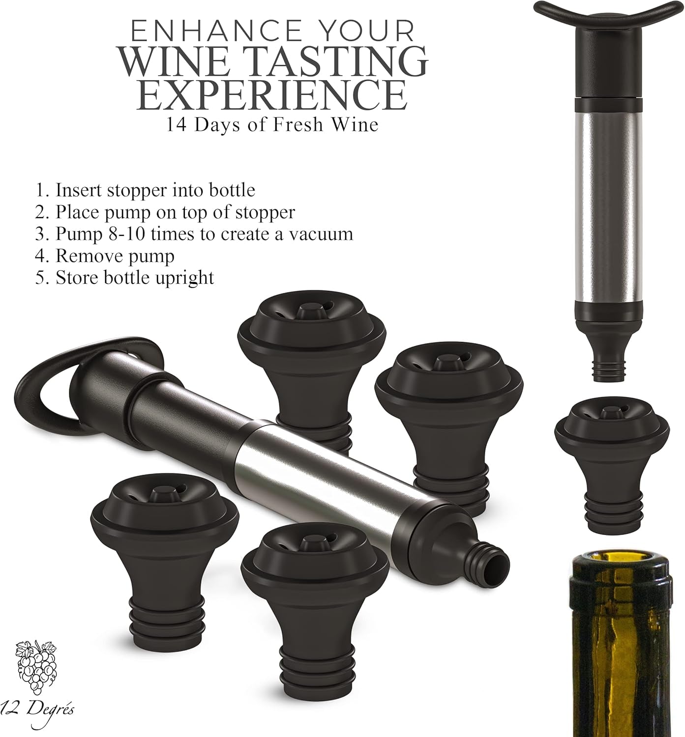 Wine Chiller Set - Perfect Wine Gifts for Women & Men - Stainless Steel Insulated Wine Cooler with Wine Pump, Aerator & 4 Stoppers (White Matte)